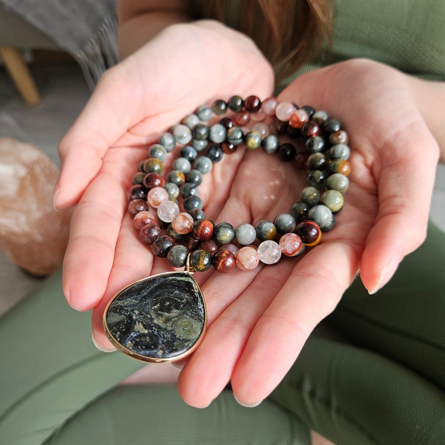 Red Tiger Eye, Fire Quartz, and Green Eagle Eye Mala Bead Necklace – Grounding & Vitality