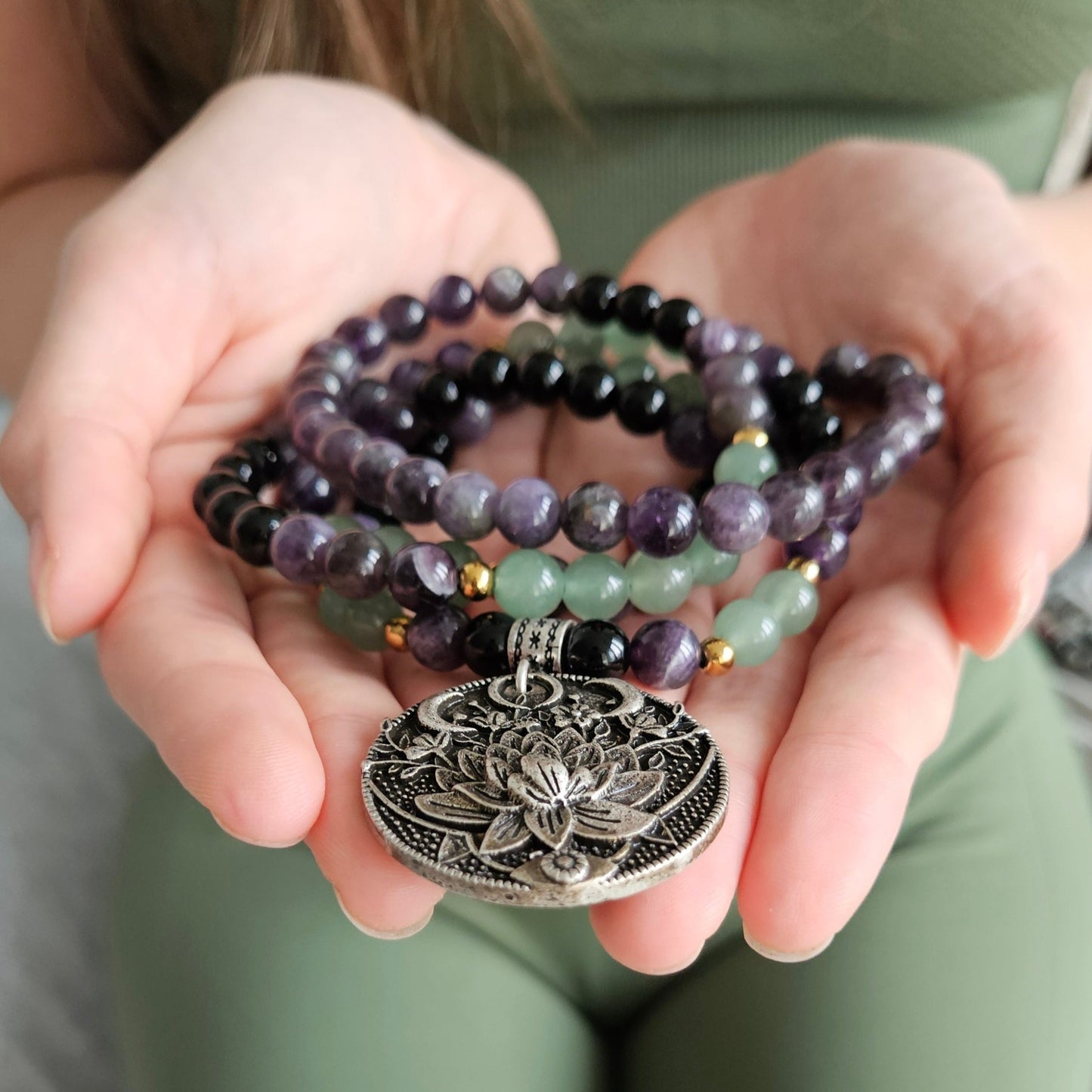 Green Aventurine, Amethyst and Black Onyx Mala Bead Necklace - Abundance & Protection