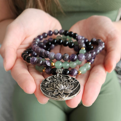 Green Aventurine, Amethyst and Black Onyx Mala Bead Necklace - Abundance & Protection