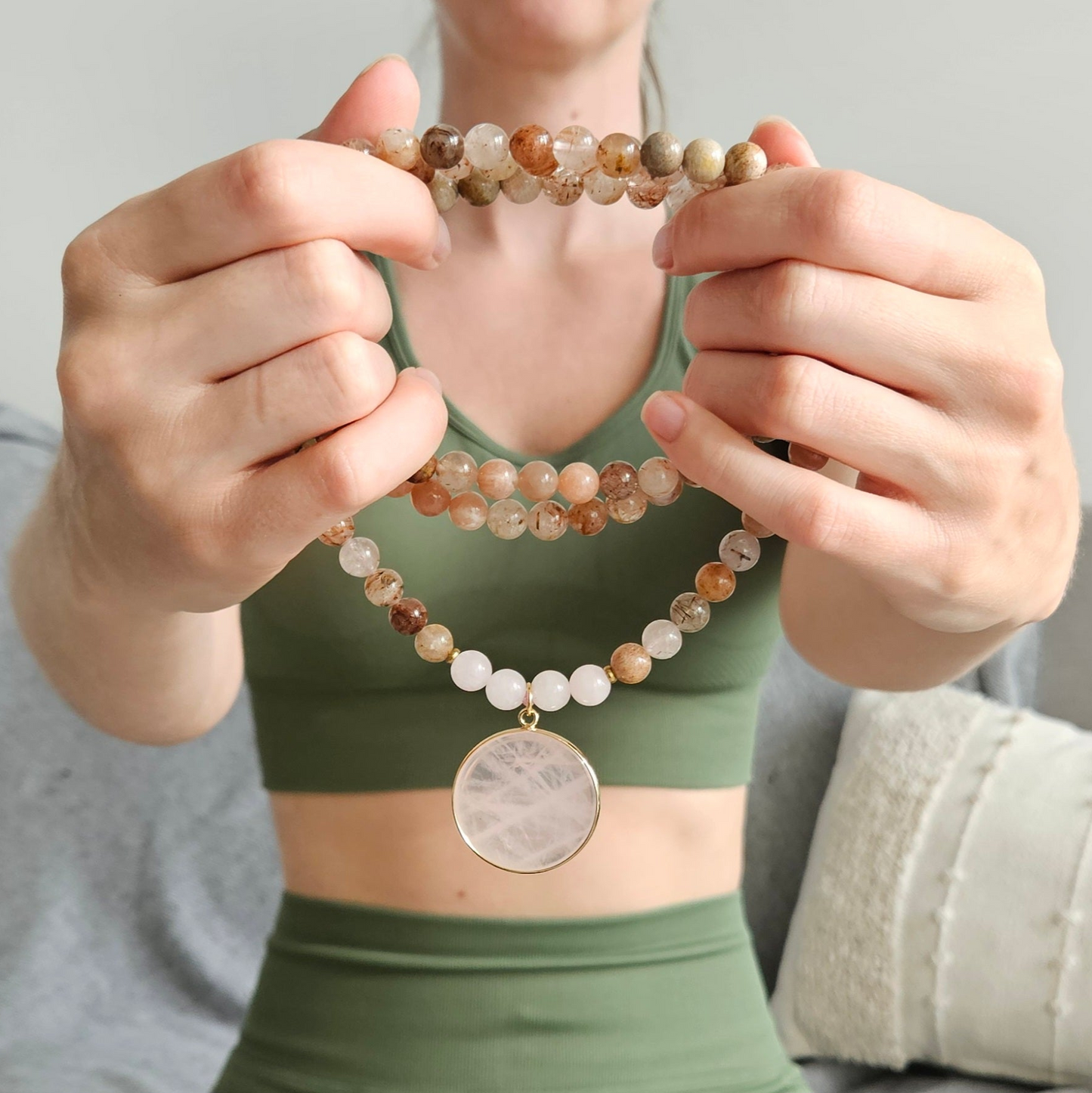 Sunstone, Coral Jade, Rutilated Quartz and Rose Quartz Mala Necklace – Love & Vitality