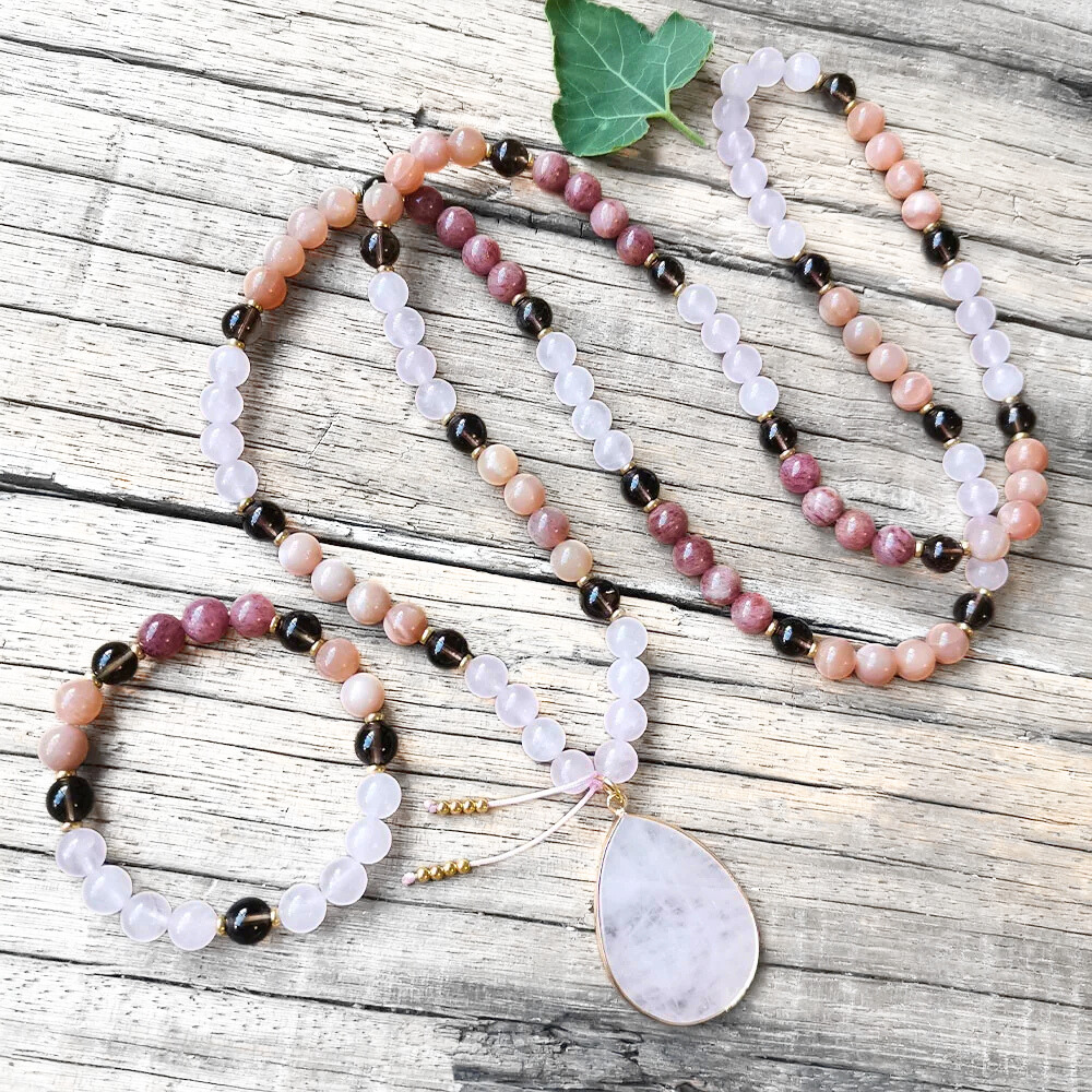 Rose Quartz, Sunstone, Strawberry Quartz & Smoky Quartz Mala Necklace  – Emotional Balance & Inner Strength