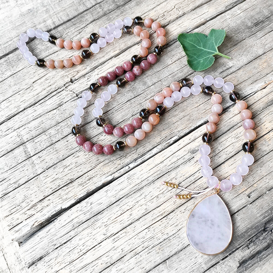 Rose Quartz, Sunstone, Strawberry Quartz & Smoky Quartz Mala Necklace  – Emotional Balance & Inner Strength