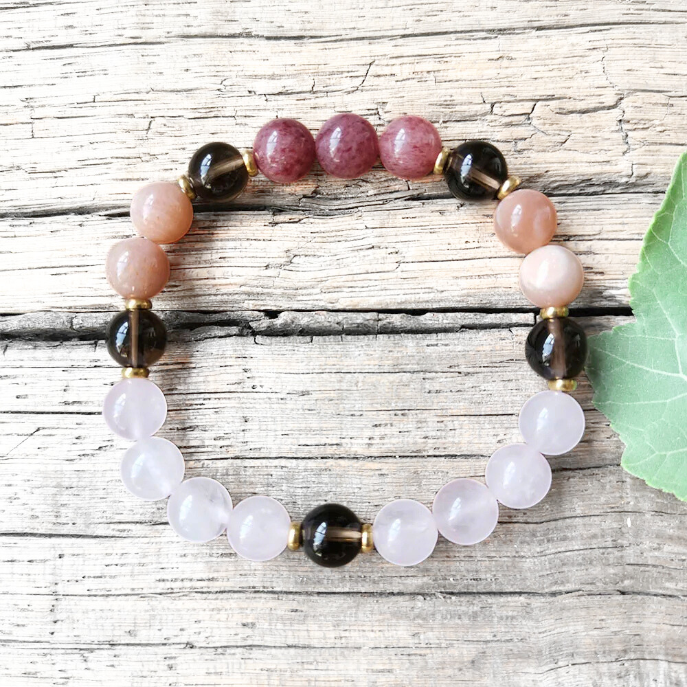 Rose Quartz, Sunstone, Strawberry Quartz & Smoky Quartz Mala Necklace  – Emotional Balance & Inner Strength