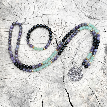 Green Aventurine, Amethyst and Black Onyx Mala Bead Necklace - Abundance & Protection