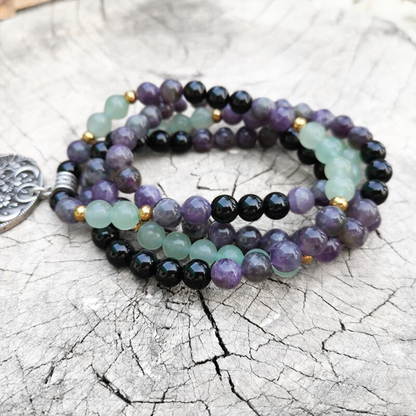 Green Aventurine, Amethyst and Black Onyx Mala Bead Necklace - Abundance & Protection