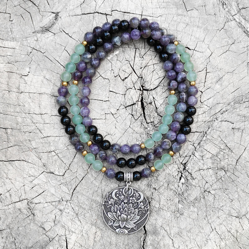 Green Aventurine, Amethyst and Black Onyx Mala Bead Necklace - Abundance & Protection