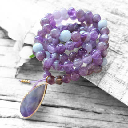 Amethyst Mala Bead Necklace With Pendant – Calmness and Chakra Balance