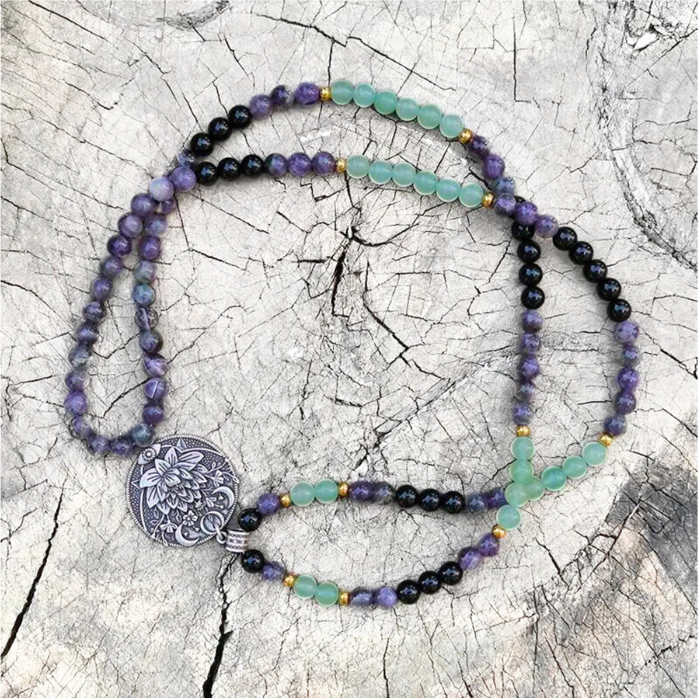 Green Aventurine, Amethyst and Black Onyx Mala Bead Necklace - Abundance & Protection