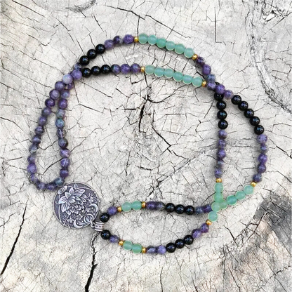 Green Aventurine, Amethyst and Black Onyx Mala Bead Necklace - Abundance & Protection