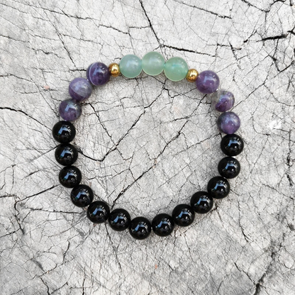 Green Aventurine, Amethyst and Black Onyx Mala Bead Bracelet - Abundance & Protection