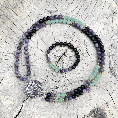 Green Aventurine, Amethyst and Black Onyx Mala Bead Necklace - Abundance & Protection