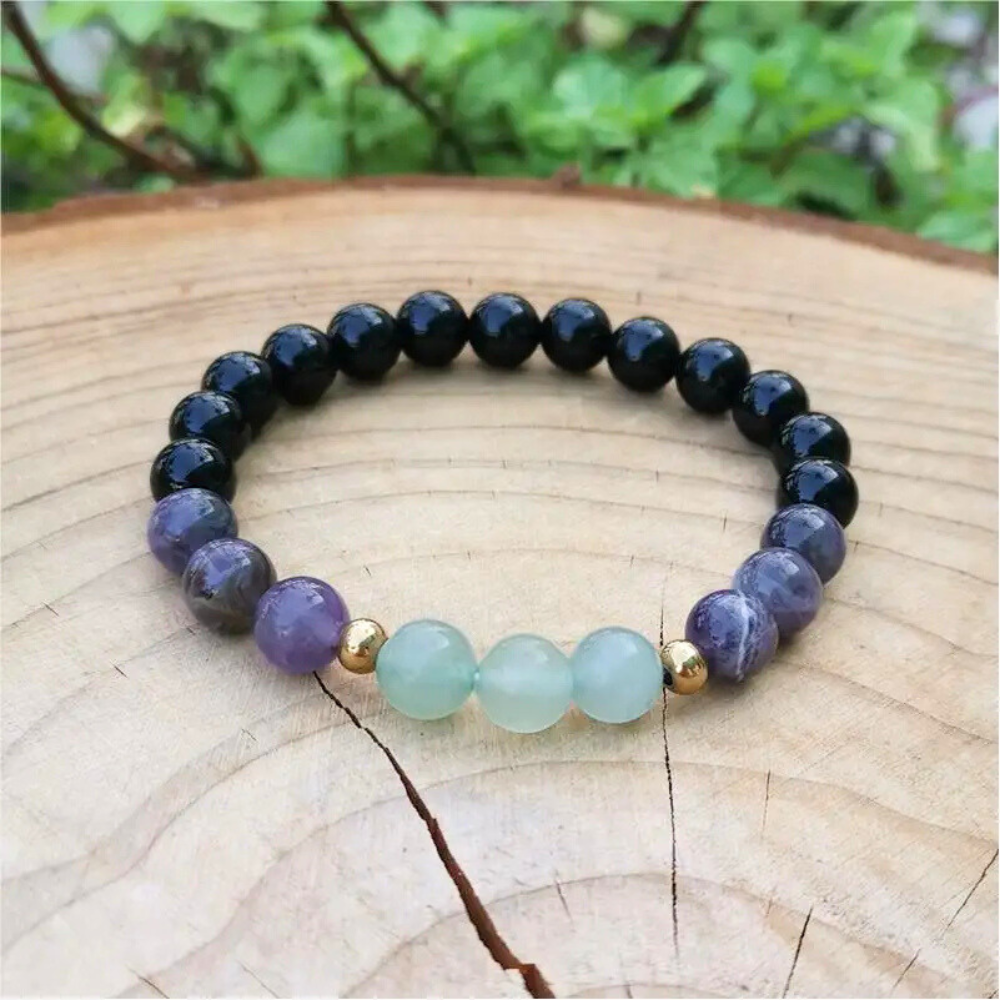 Green Aventurine, Amethyst and Black Onyx Mala Bead Bracelet - Abundance & Protection