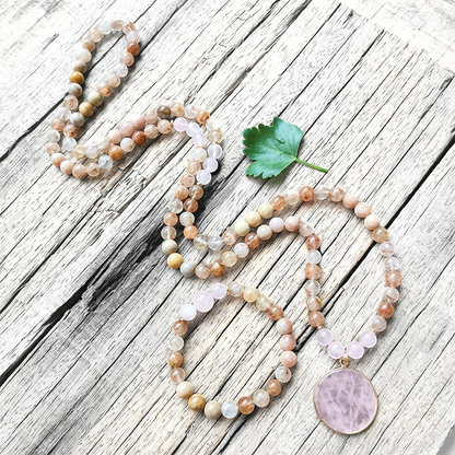 Sunstone, Coral Jade, Rutilated Quartz and Rose Quartz Mala Necklace – Love & Vitality