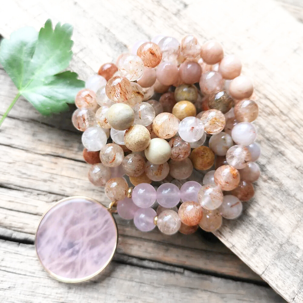 Sunstone, Coral Jade, Rutilated Quartz and Rose Quartz Mala Necklace – Love & Vitality