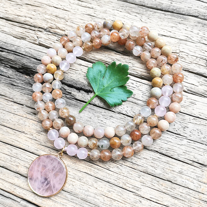 Sunstone, Coral Jade, Rutilated Quartz and Rose Quartz Mala Necklace – Love & Vitality