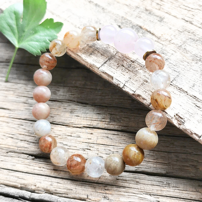 Sunstone, Coral Jade, Rutilated Quartz and Rose Quartz Mala Bracelet – Love & Vitality