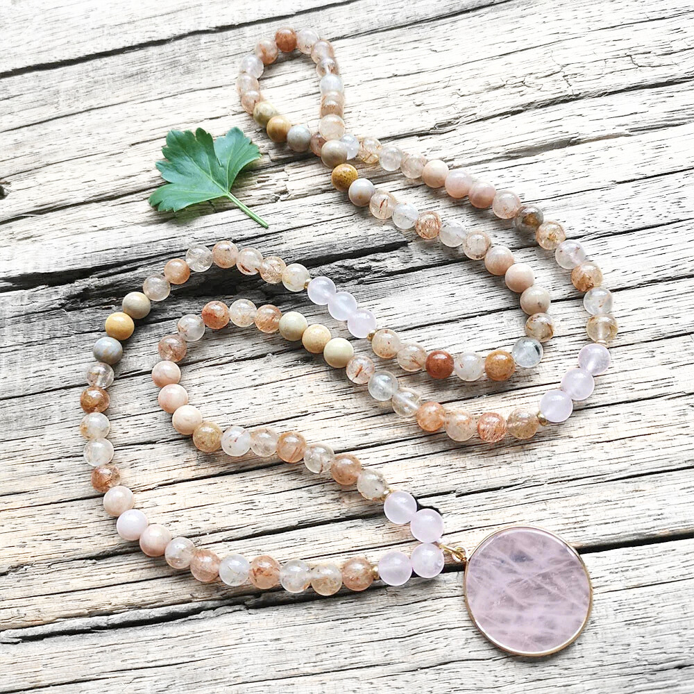 Sunstone, Coral Jade, Rutilated Quartz and Rose Quartz Mala Necklace – Love & Vitality