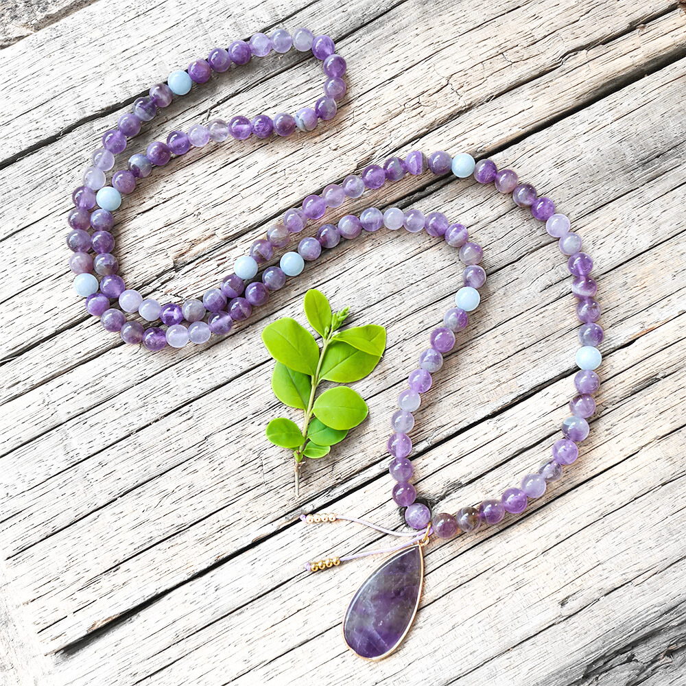 Amethyst Mala Bead Necklace With Pendant – Calmness and Chakra Balance