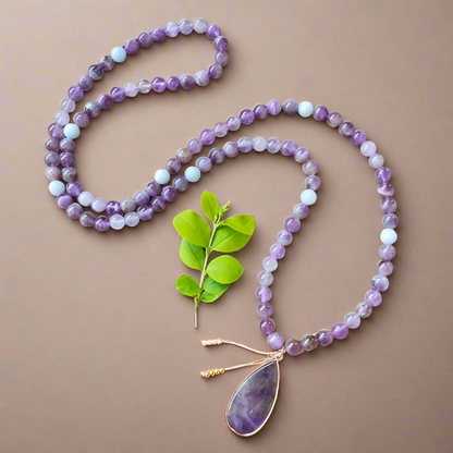 Amethyst Mala Bead Necklace With Pendant – Calmness and Chakra Balance