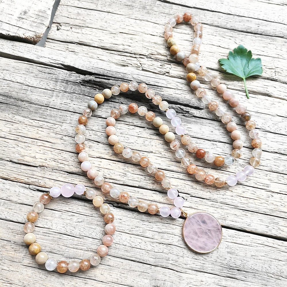 Sunstone, Coral Jade, Rutilated Quartz and Rose Quartz Mala Necklace – Love & Vitality