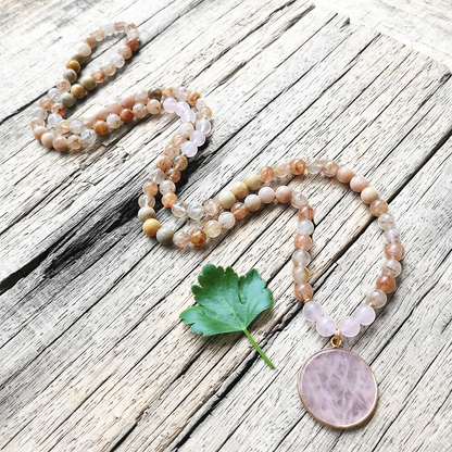 Sunstone, Coral Jade, Rutilated Quartz and Rose Quartz Mala Necklace – Love & Vitality