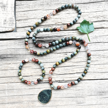 Red Tiger Eye, Fire Quartz, and Green Eagle Eye Mala Bead Necklace – Grounding & Vitality