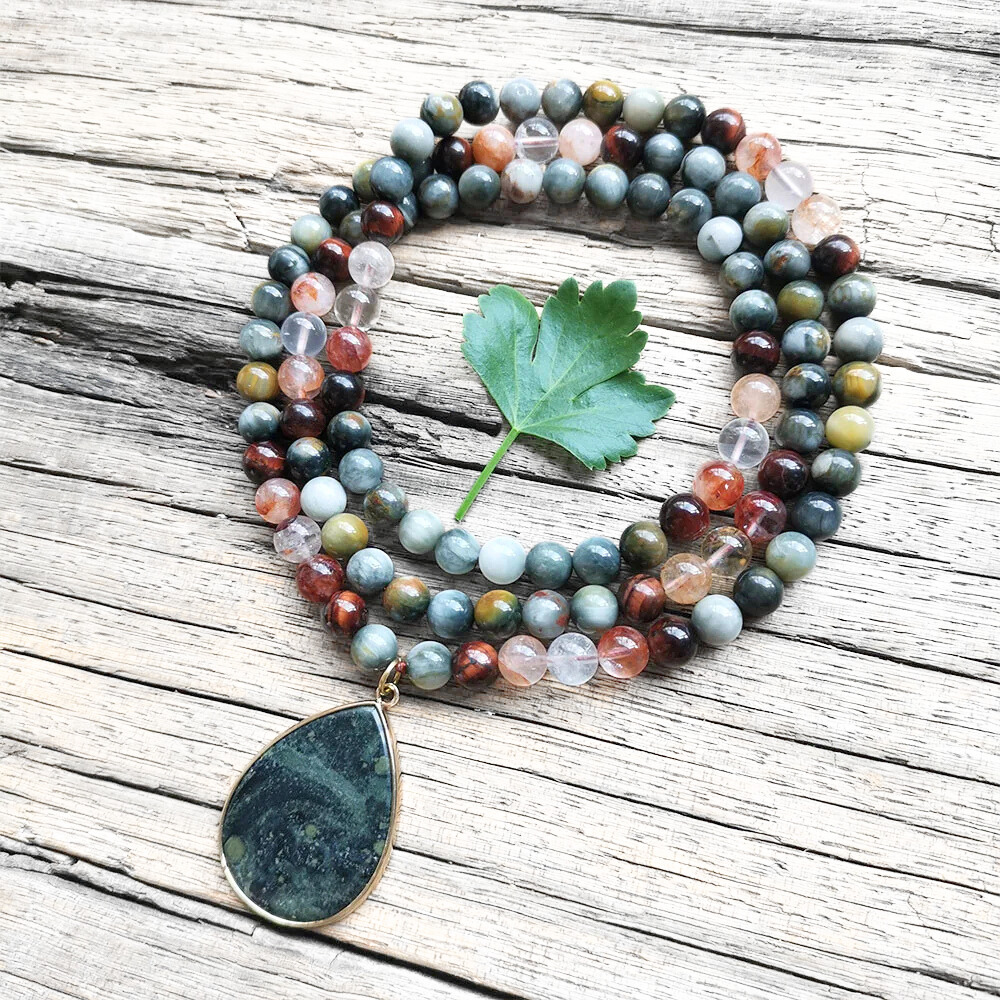 Red Tiger Eye, Fire Quartz, and Green Eagle Eye Mala Bead Necklace – Grounding & Vitality