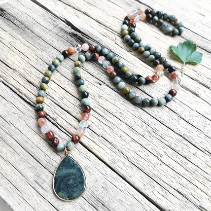 Red Tiger Eye, Fire Quartz, and Green Eagle Eye Mala Bead Necklace – Grounding & Vitality