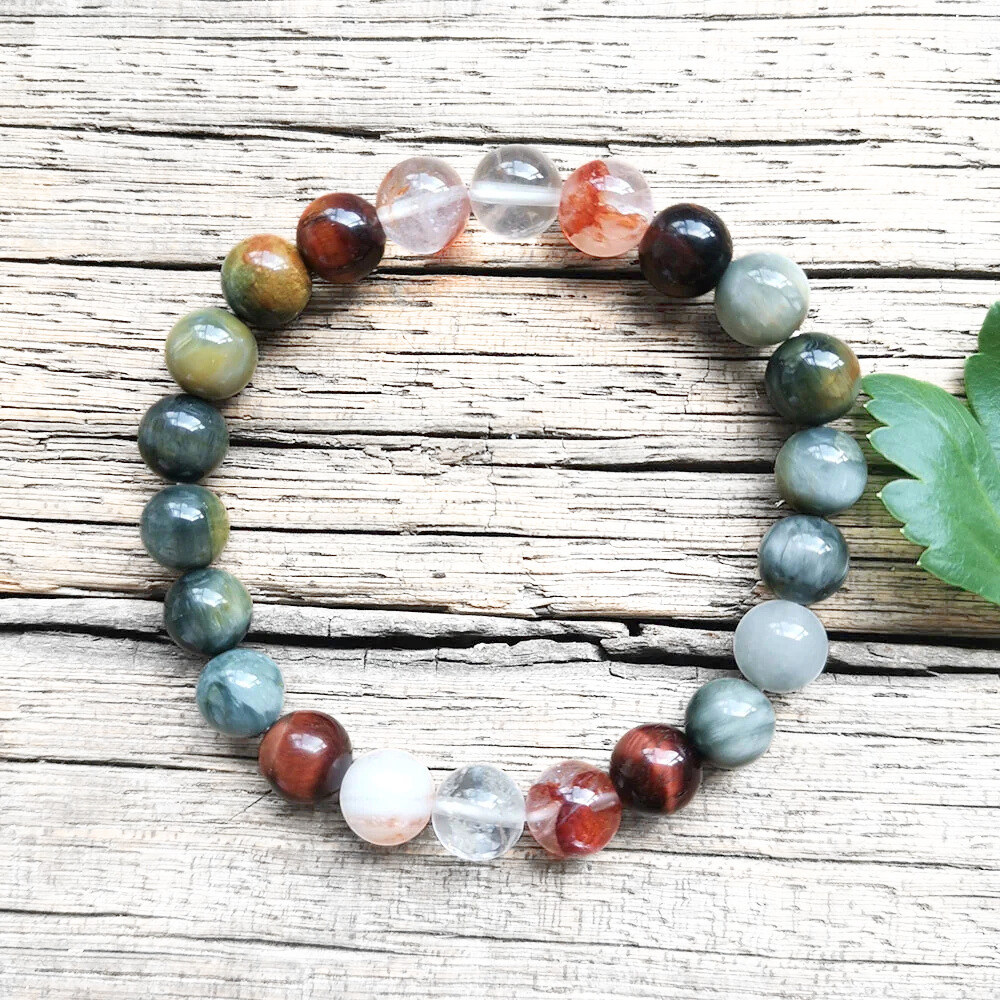 Red Tiger Eye, Fire Quartz, and Green Eagle Eye Mala Bead Necklace – Grounding & Vitality