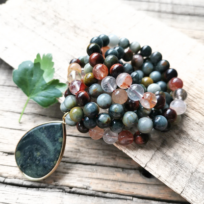 Red Tiger Eye, Fire Quartz, and Green Eagle Eye Mala Bead Necklace – Grounding & Vitality