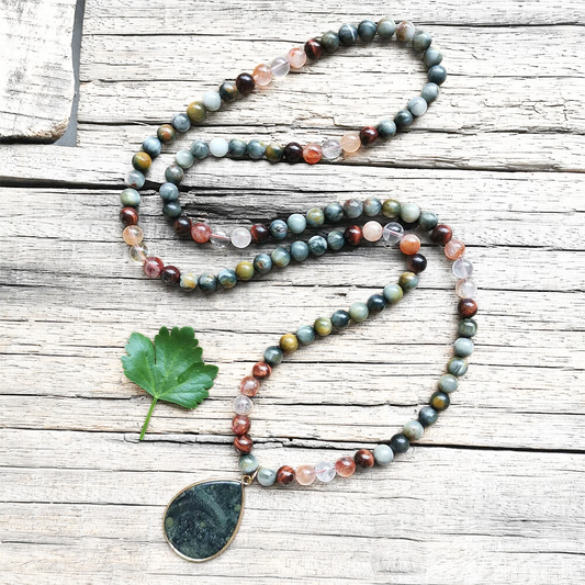 Red Tiger Eye, Fire Quartz, and Green Eagle Eye Mala Bead Necklace – Grounding & Vitality