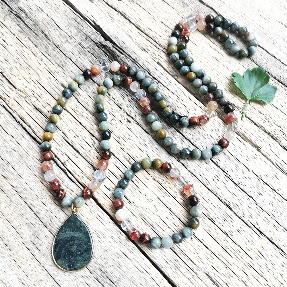 Red Tiger Eye, Fire Quartz, and Green Eagle Eye Mala Bead Necklace – Grounding & Vitality