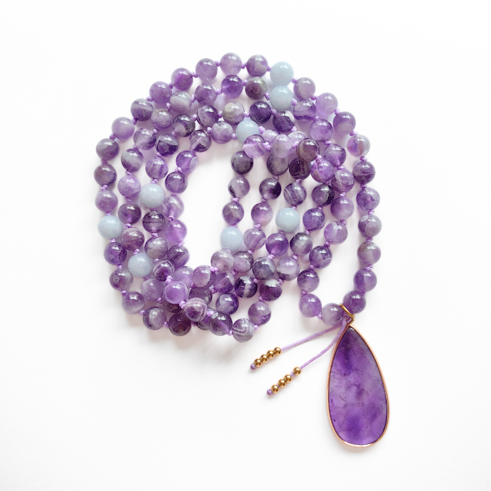 Amethyst Mala Bead Necklace With Pendant – Calmness and Chakra Balance