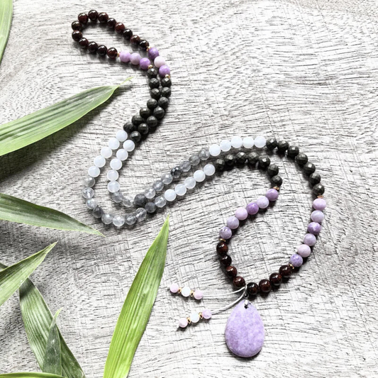 Lepidolite, Pyrite, Gray Crystal and Orange Garnet Mala Bead Necklace - Emotional Strength & Motivation