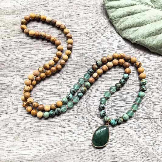 African Turquoise, Green Aventurine, Green Strawberry Quartz and Picture Jasper Mala Bead Necklace - Heart Healing & Emotional Balance