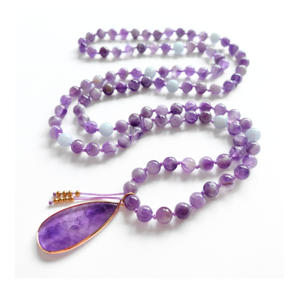 Amethyst Mala Bead Necklace With Pendant – Calmness and Chakra Balance