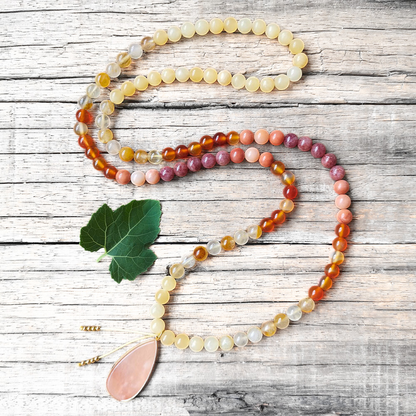 Yellow Jasper, Fire Quartz, Red Onyx, and Pink Aventurine Mala Necklace – Vitality and Balance