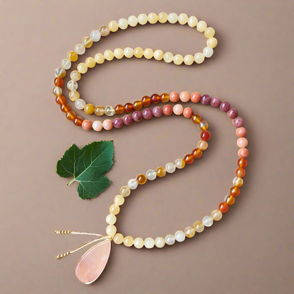 Yellow Jasper, Fire Quartz, Red Onyx, and Pink Aventurine Mala Necklace – Vitality and Balance