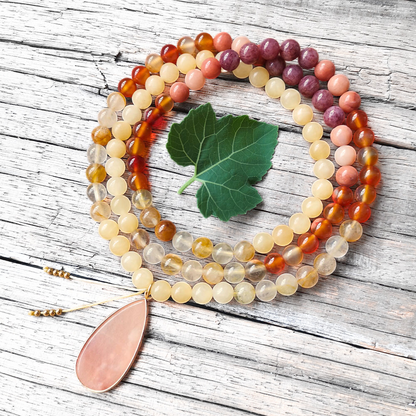 Yellow Jasper, Fire Quartz, Red Onyx, and Pink Aventurine Mala Necklace – Vitality and Balance