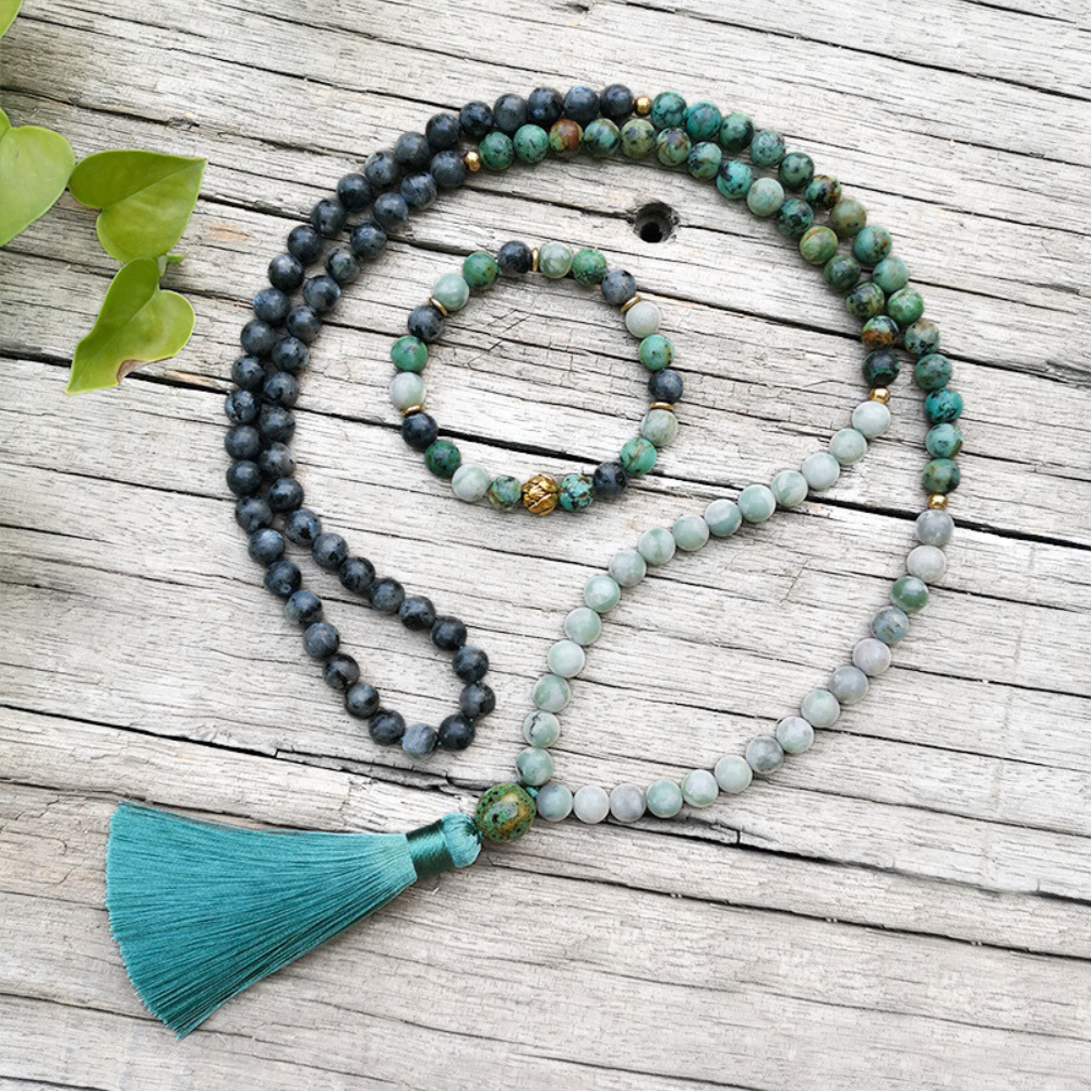 Lucky Jasper, African Turquoise, and Larvikite Mala Necklace – Harmony and Balance