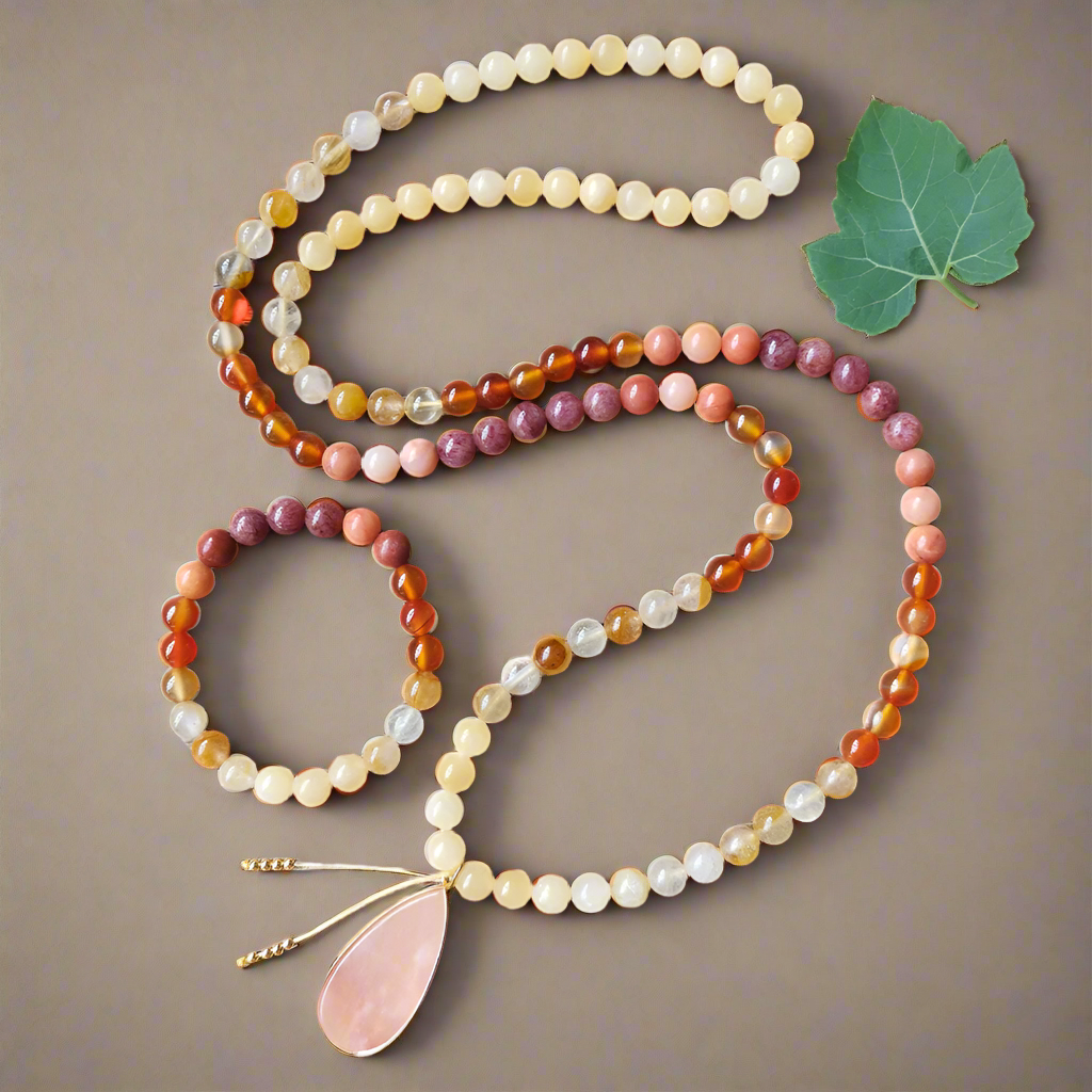 Yellow Jasper, Fire Quartz, Red Onyx, and Pink Aventurine Mala Necklace – Vitality and Balance