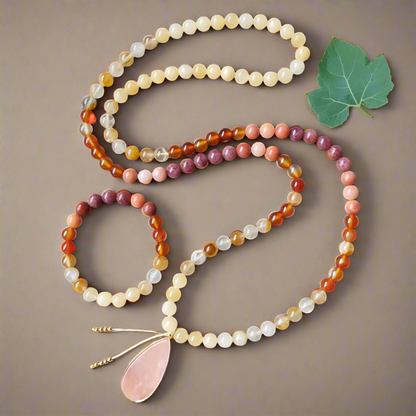 Yellow Jasper, Fire Quartz, Red Onyx, and Pink Aventurine Mala Necklace – Vitality and Balance