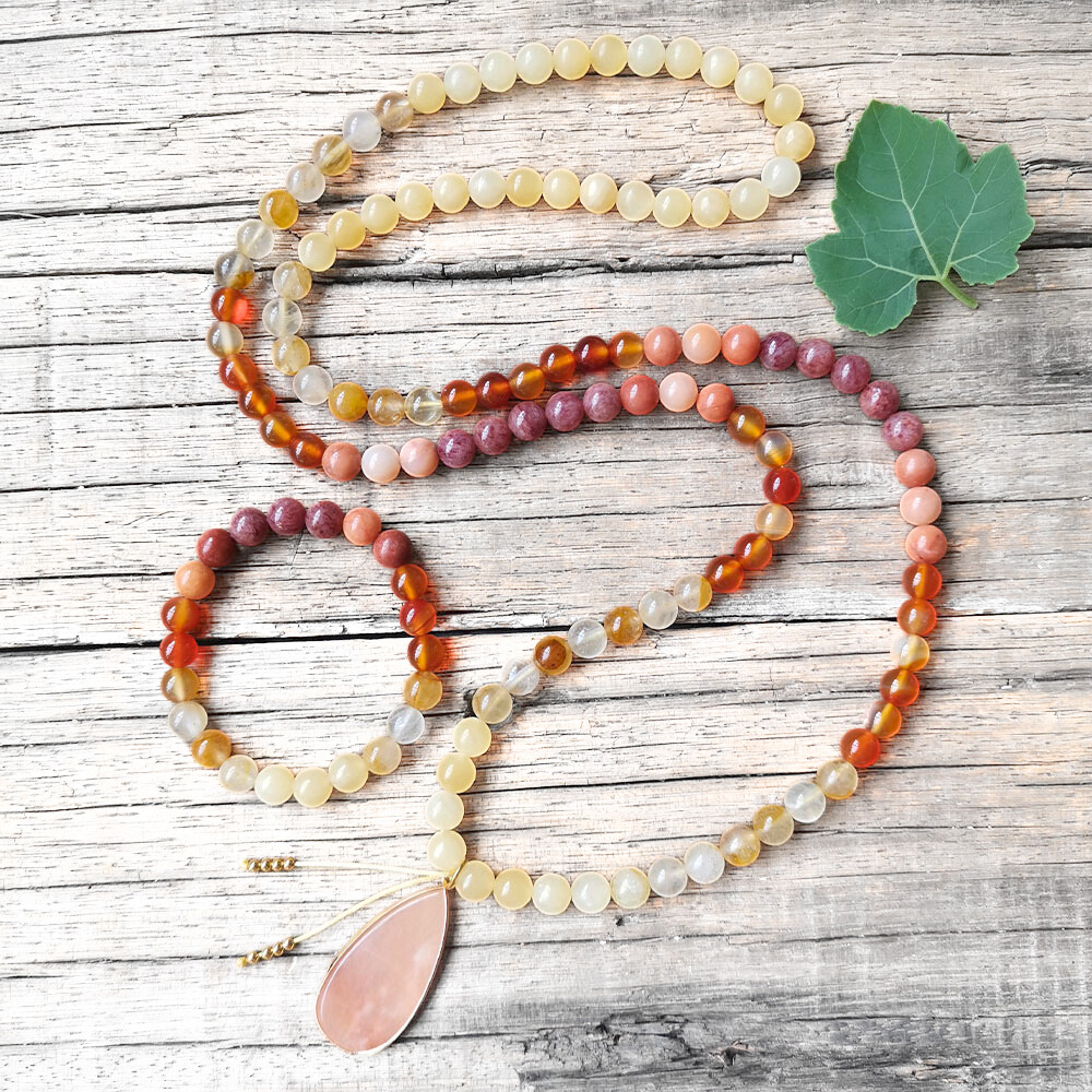 Yellow Jasper, Fire Quartz, Red Onyx, and Pink Aventurine Mala Necklace – Vitality and Balance