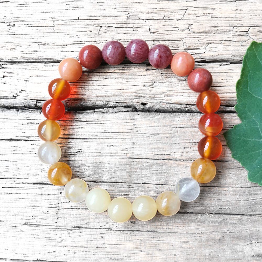 Yellow Jasper, Fire Quartz, Red Onyx, and Pink Aventurine Mala Bracelet – Vitality and Balance