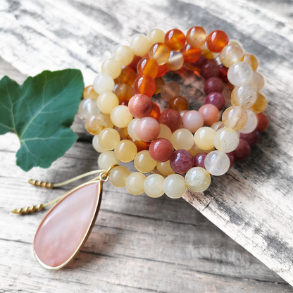 Yellow Jasper, Fire Quartz, Red Onyx, and Pink Aventurine Mala Necklace – Vitality and Balance