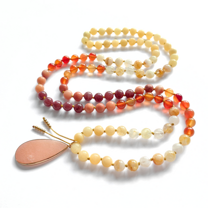 Yellow Jasper, Fire Quartz, Red Onyx, and Pink Aventurine Mala Necklace – Vitality and Balance