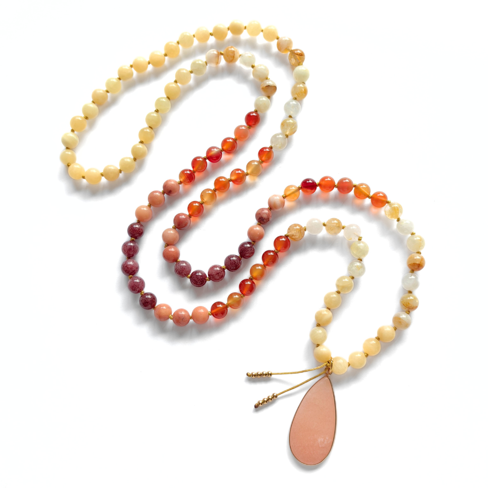 Yellow Jasper, Fire Quartz, Red Onyx, and Pink Aventurine Mala Necklace – Vitality and Balance