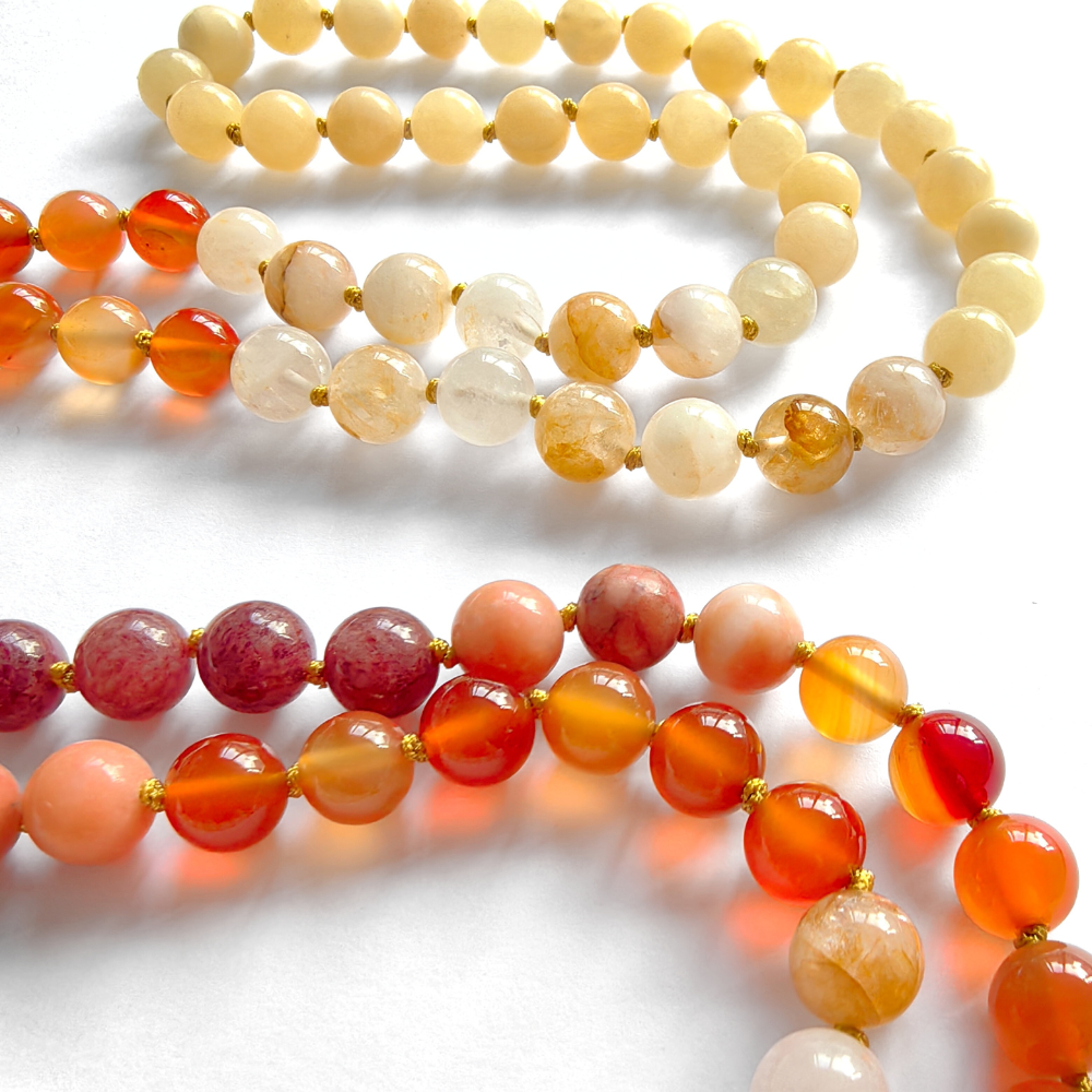 Yellow Jasper, Fire Quartz, Red Onyx, and Pink Aventurine Mala Necklace – Vitality and Balance