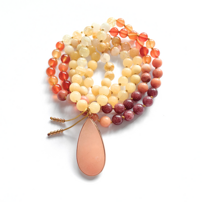 Yellow Jasper, Fire Quartz, Red Onyx, and Pink Aventurine Mala Necklace – Vitality and Balance