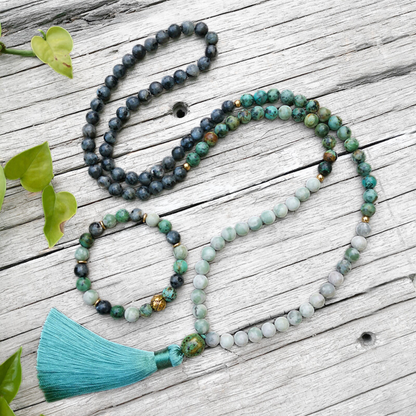 Lucky Jasper, African Turquoise, and Larvikite Mala Necklace – Harmony and Balance